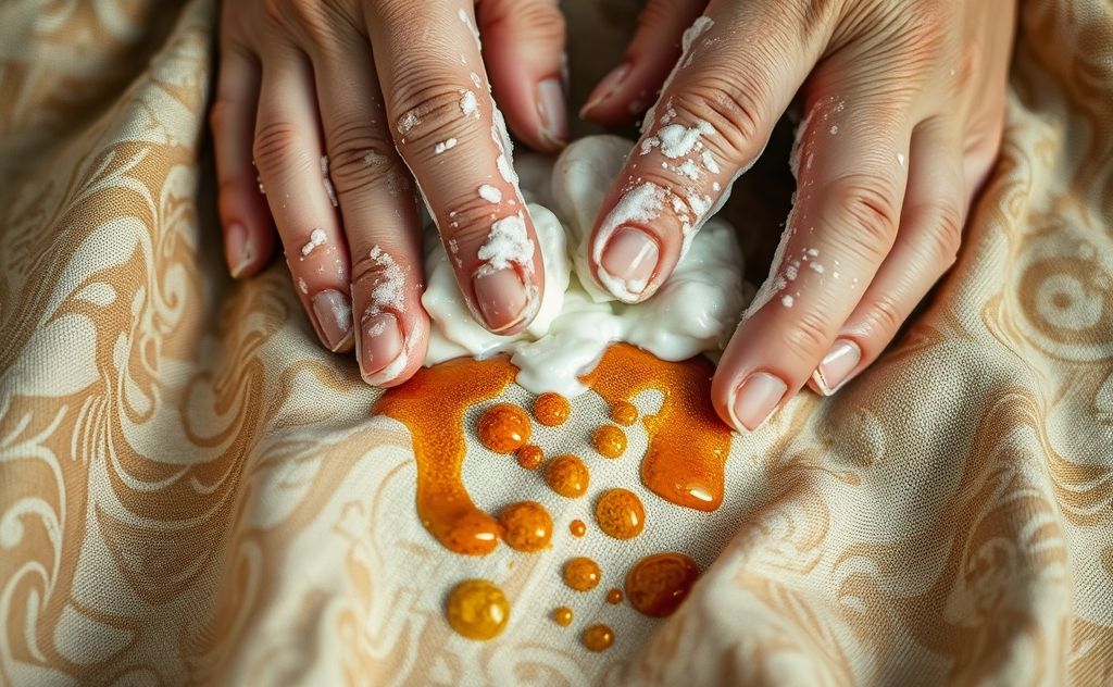A close-up of a fabric with grease and oil stains being treated.