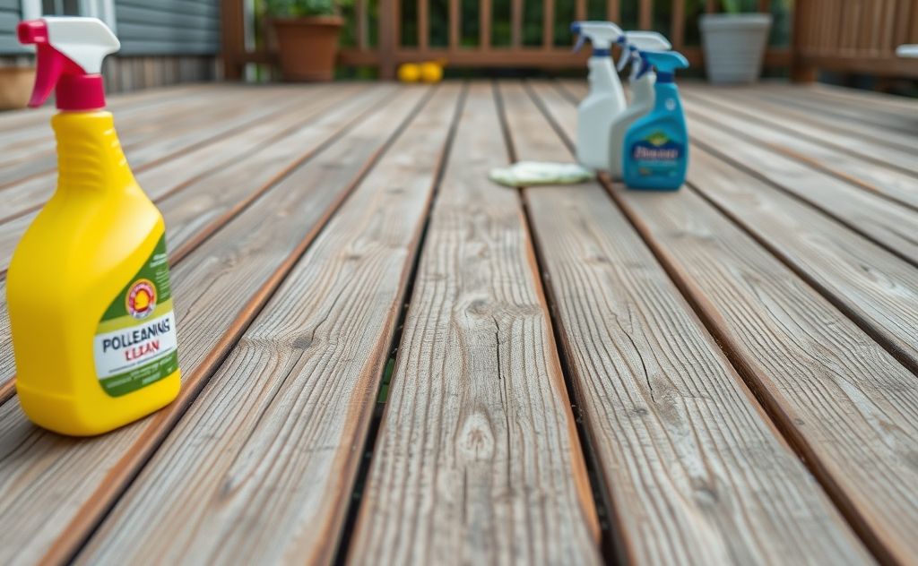 A close-up of a faded wooden deck with cleaning supplies nearby.