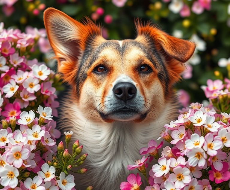 A close-up of a female dog surrounded by blooming flowers.