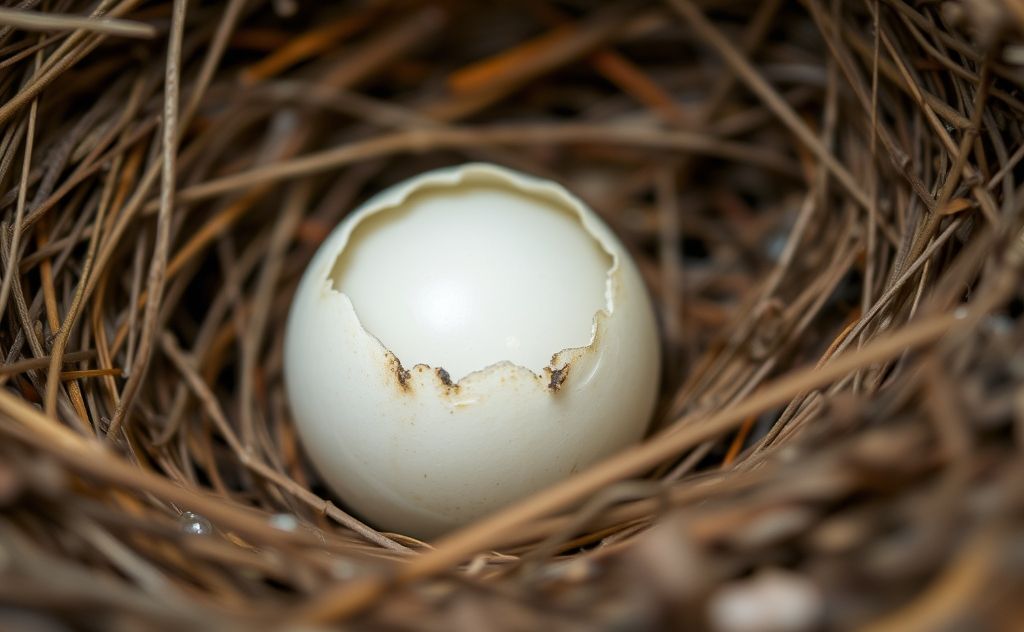 A close-up of a finch egg cracking open in a nest.