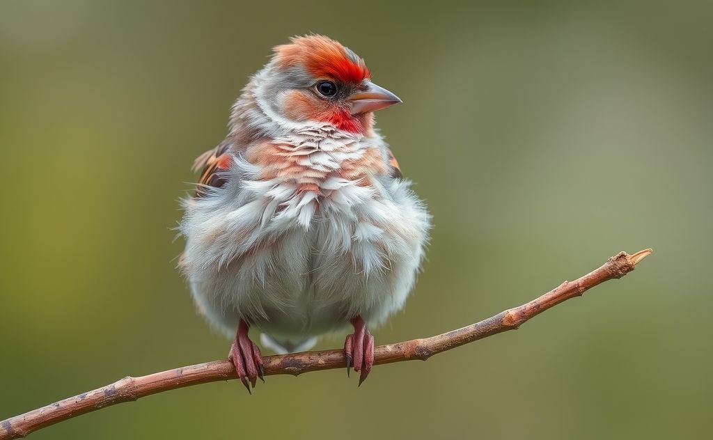 A close-up of a finch perched on a branch with ruffled feathers.