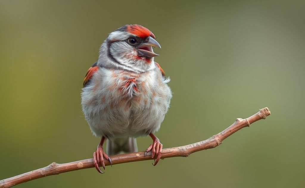 A close-up of a finch perched on a branch, displaying a fierce demeanor.
