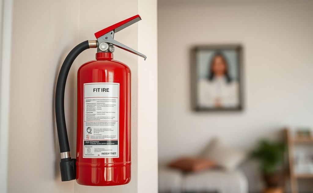 A close-up of a fire extinguisher mounted on a wall in a home.