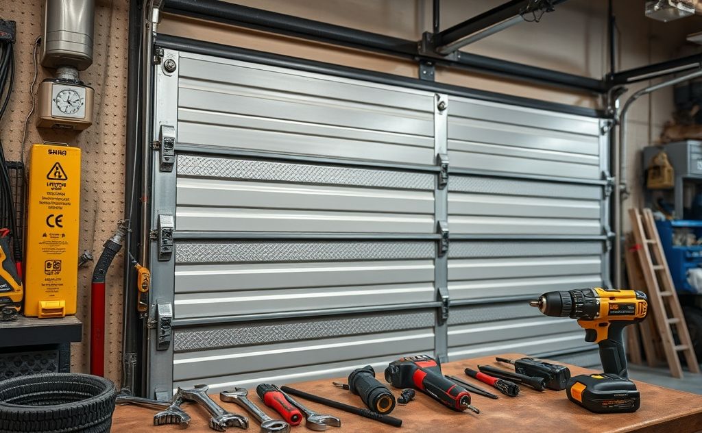 A close-up of a garage door with safety features and tools nearby.
