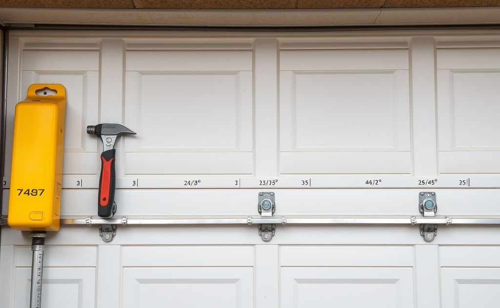 A close-up of a garage door with tools for safety maintenance.