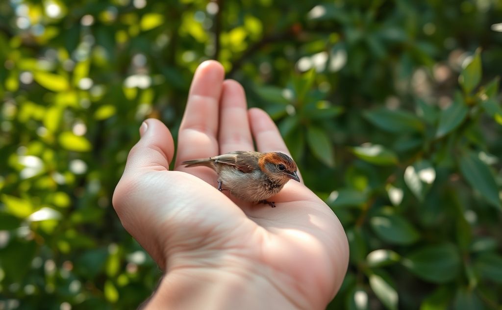A close-up of a gentle hand holding a small injured bird outdoors.