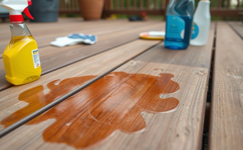 A close-up of a greasy stain on a wooden deck with cleaning supplies nearby.
