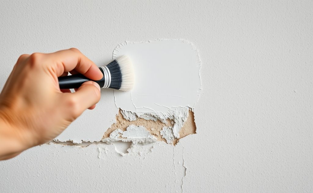 A close-up of a hand applying paint to a chipped wall section.