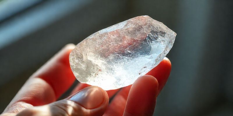 A close-up of a hand holding a clear quartz crystal, with soft light illuminating it