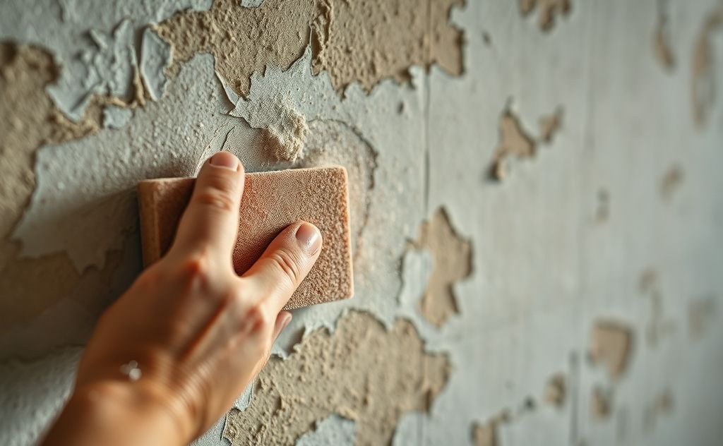 A close-up of a hand sanding a wall with chipped paint.