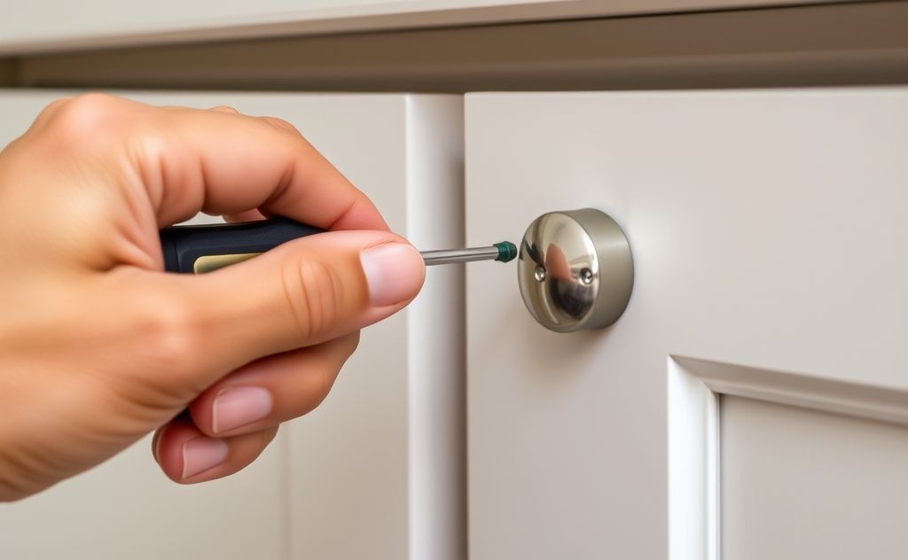 A close-up of a hand tightening a loose cabinet handle with a screwdriver.