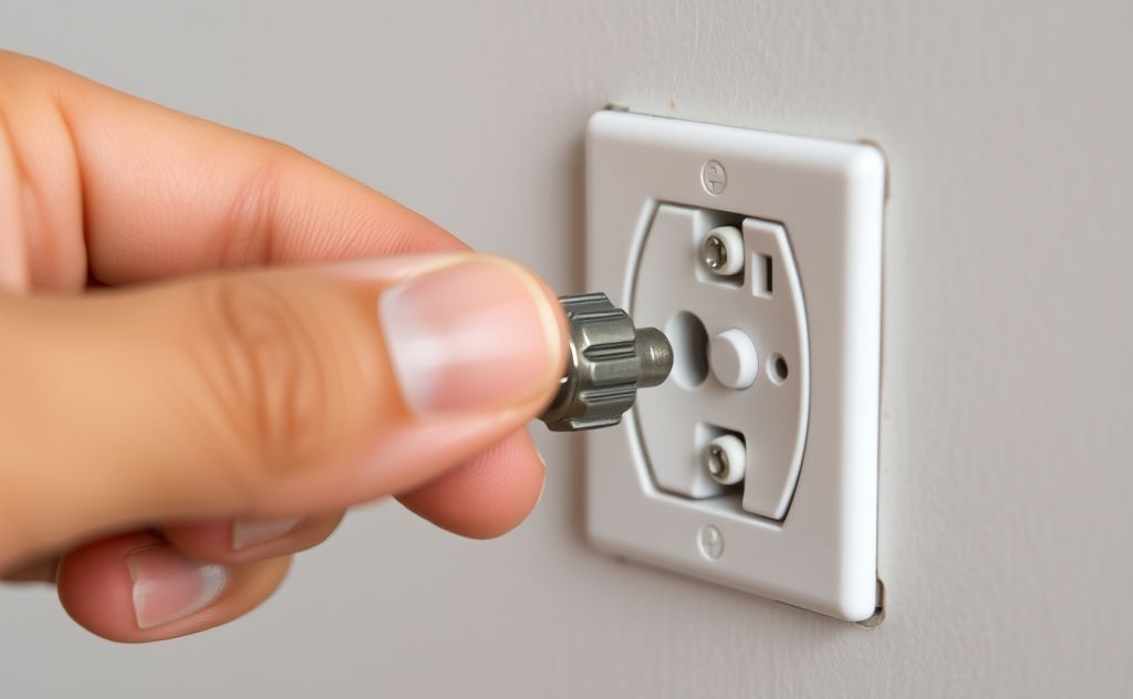 A close-up of a hand tightening a loose electrical outlet screw.