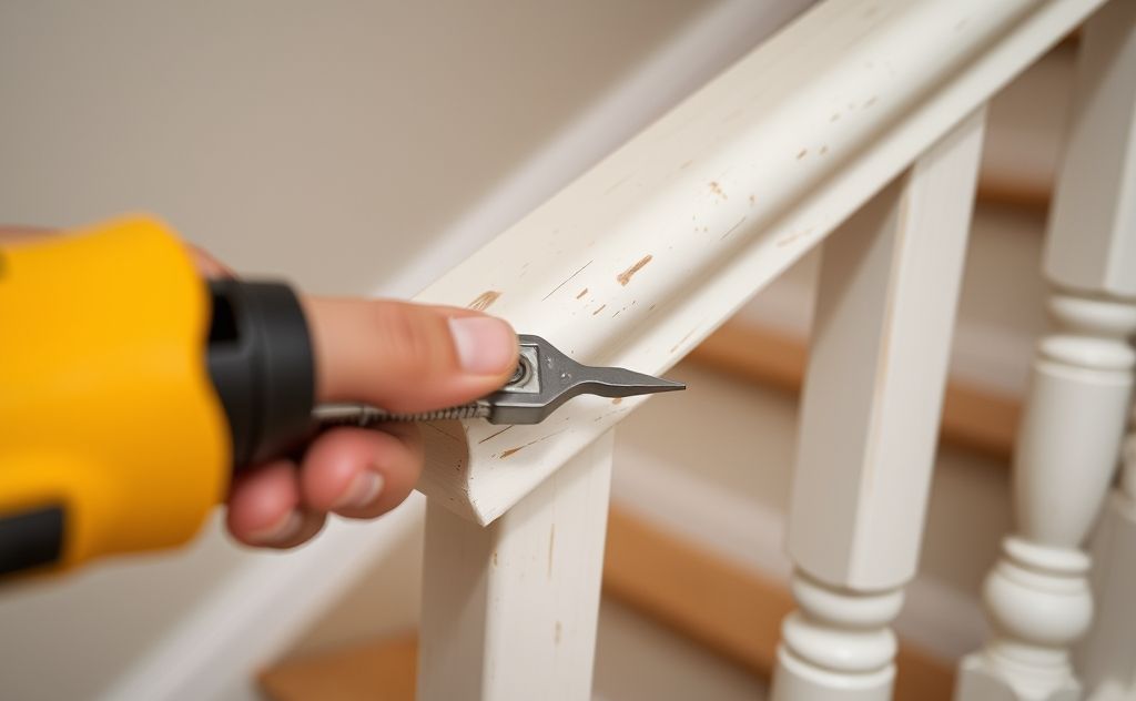 A close-up of a hand tightening a loose stair railing with tools.