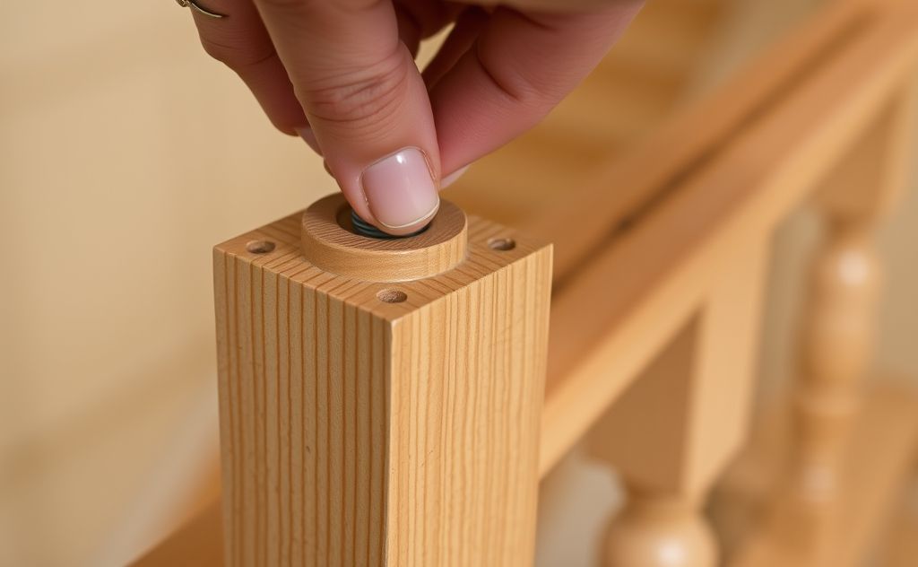 A close-up of a hand tightening screws on a wooden banister.