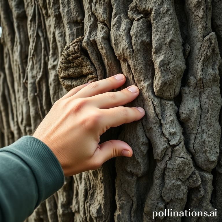 Mano tocando la corteza de un árbol
