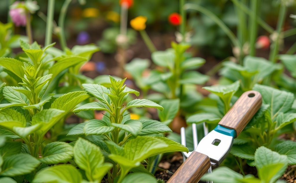 A close-up of a healthy garden with pest control tools nearby.