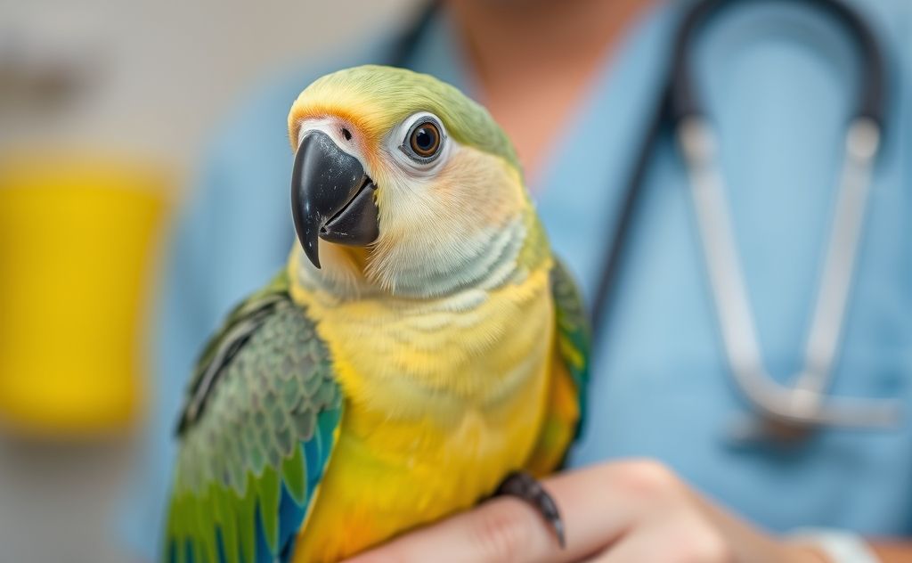 A close-up of a healthy parrot perched on a veterinarian's hand.