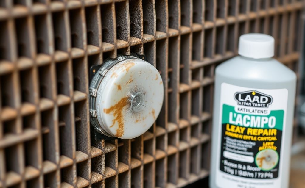 A close-up of a heater core with a leak repair product beside it.