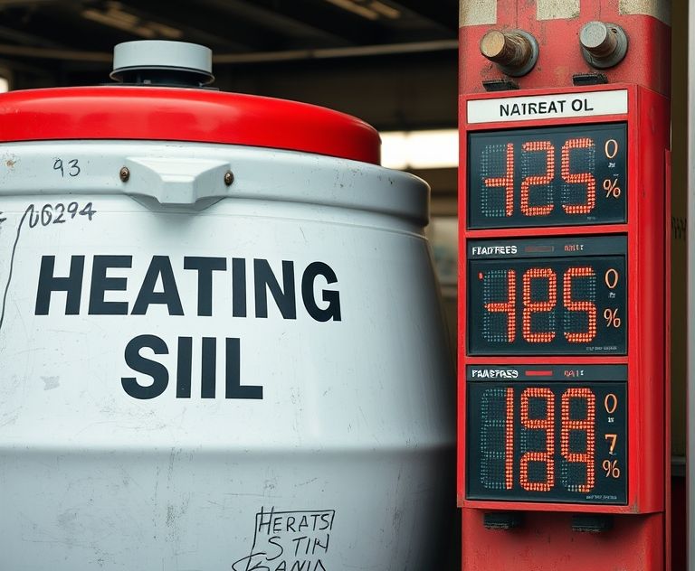 A close-up of a heating oil tank with fluctuating price tags nearby.