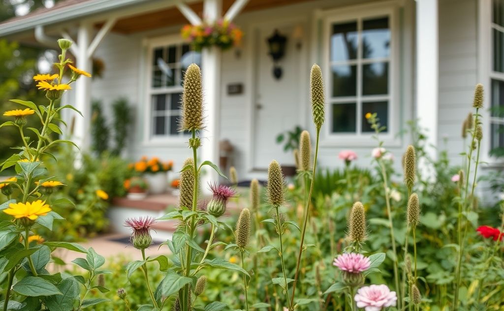 A close-up of a home with natural pest control elements in the garden.