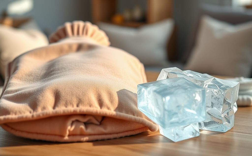 A close-up of a hot water bottle next to an ice pack on a table.