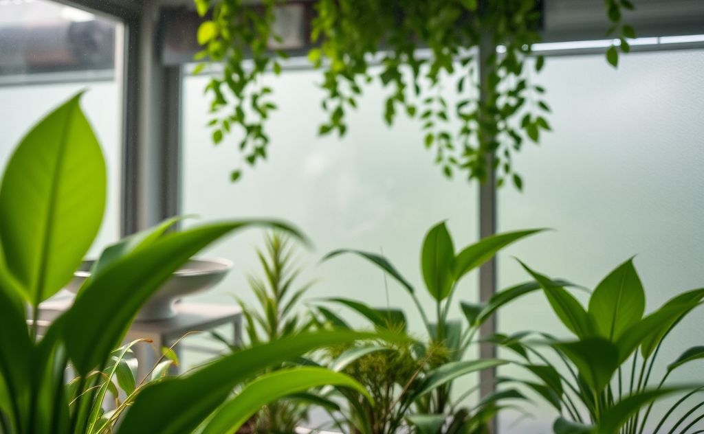 A close-up of a humid indoor environment with plants and air quality indicators.