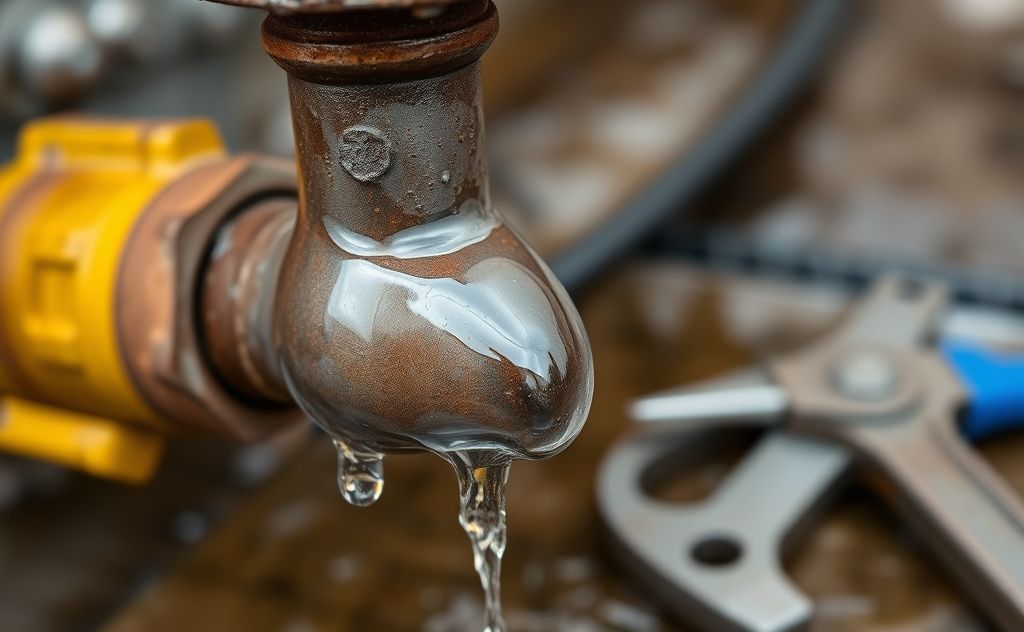 A close-up of a leaky pipe with water droplets and tools nearby.