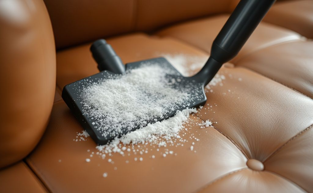 A close-up of a leather sofa being vacuumed and dusted.