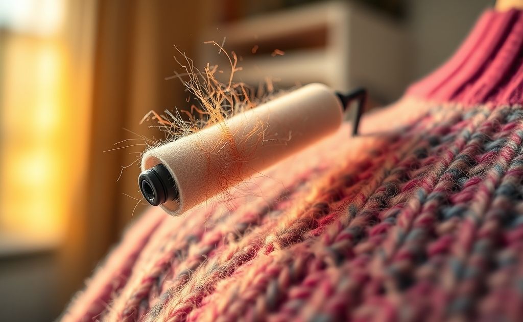 A close-up of a lint roller removing lint from a sweater.
