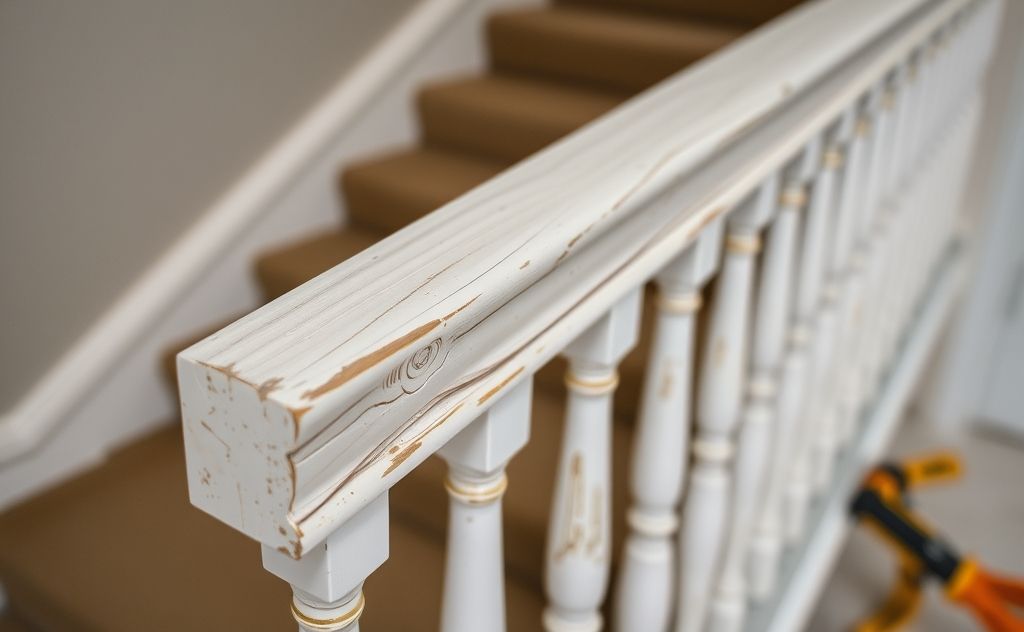 A close-up of a loose banister with tools for repair nearby.