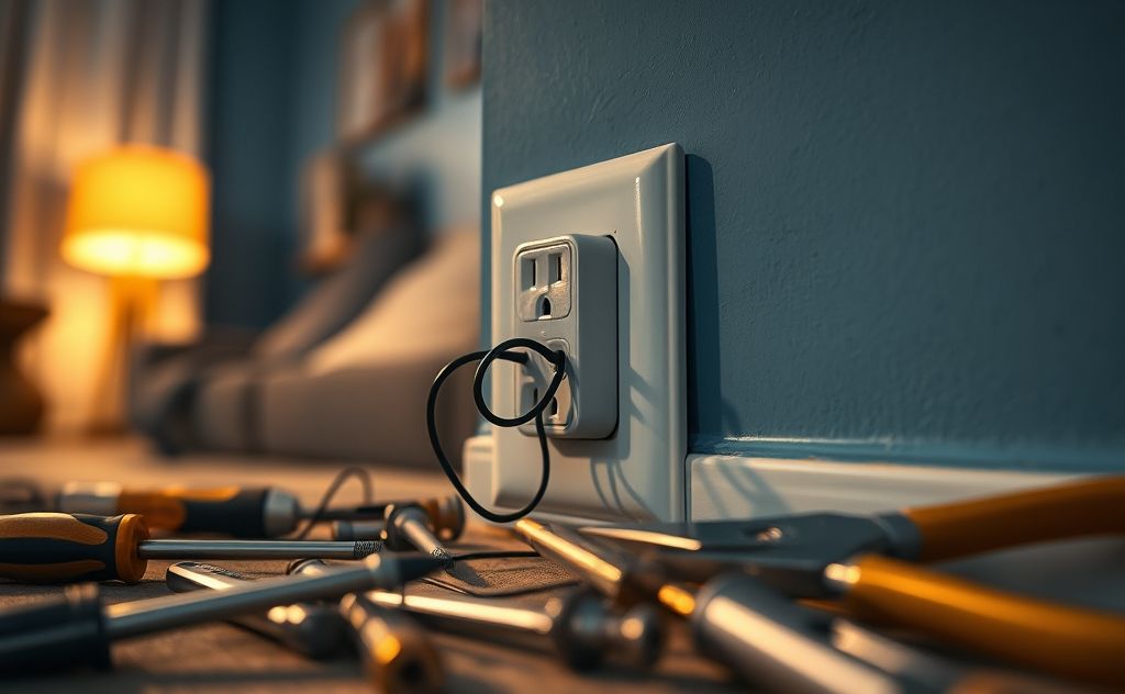 A close-up of a loose electrical outlet with tools nearby.