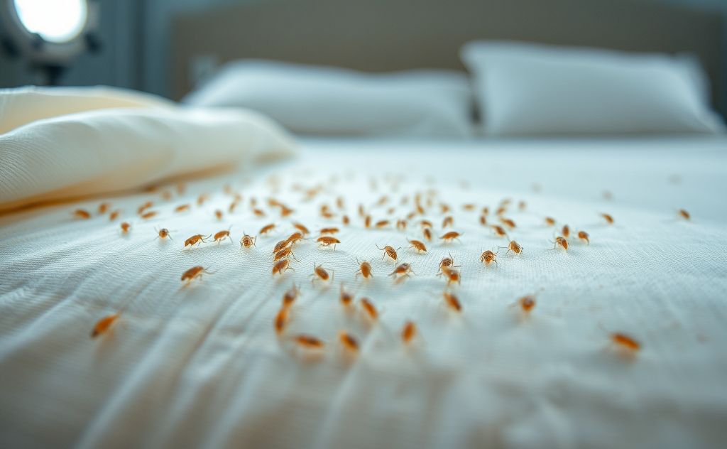A close-up of a mattress cover with dust mites under a microscope.