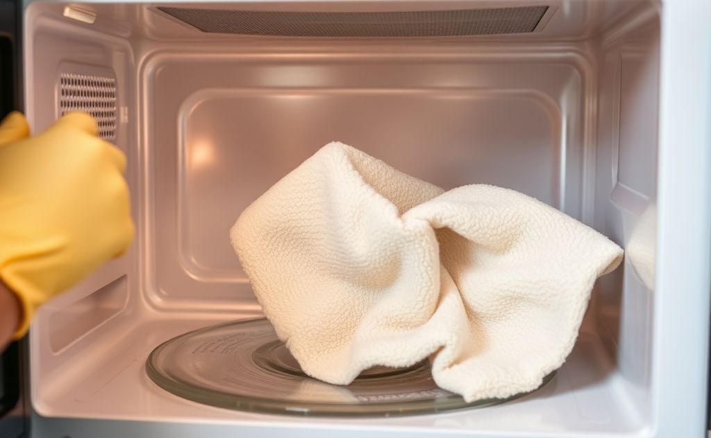 A close-up of a microwave's interior being cleaned with a cloth.
