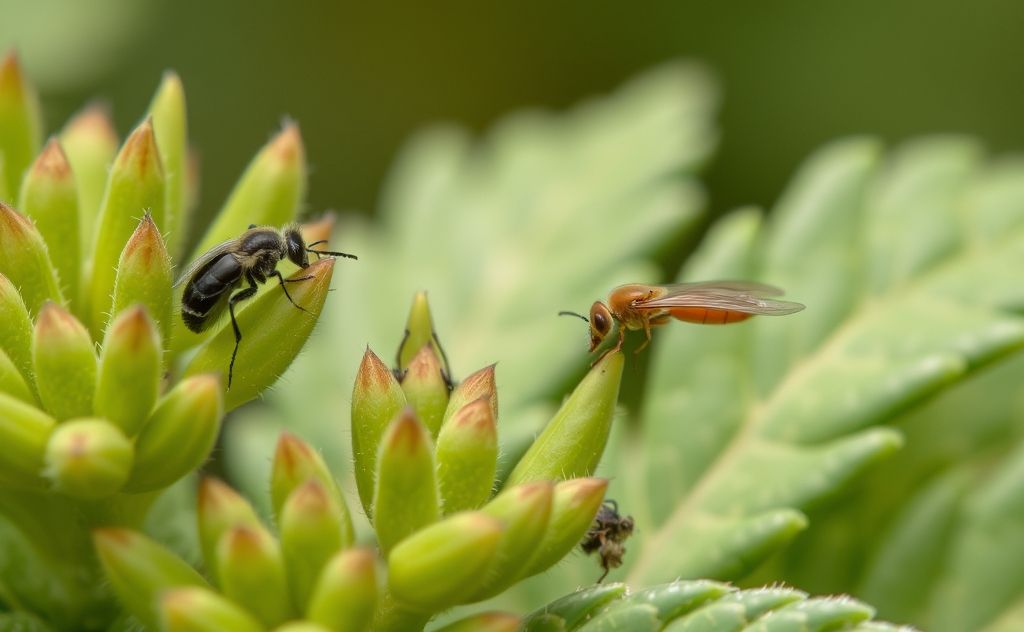 A close-up of a natural pest control solution with plants and insects.