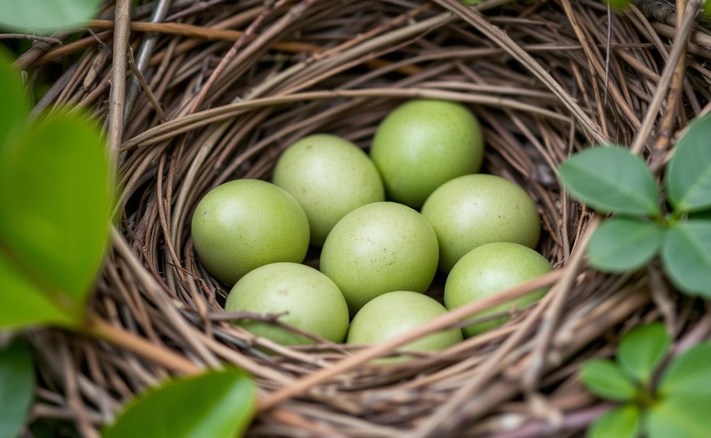 A close-up of a nest with green eggs among twigs and leaves.