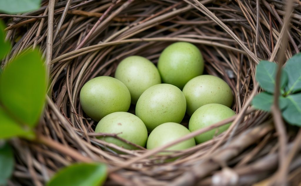 A close-up of a nest with green eggs surrounded by twigs and leaves.