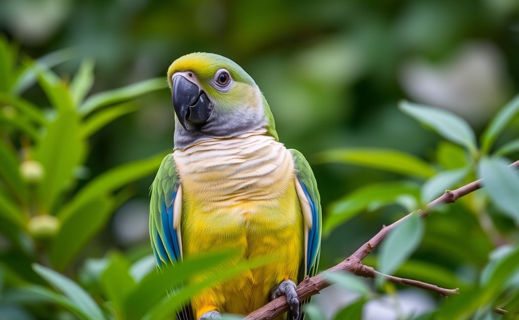 A close-up of a parrot perched on a branch surrounded by greenery.