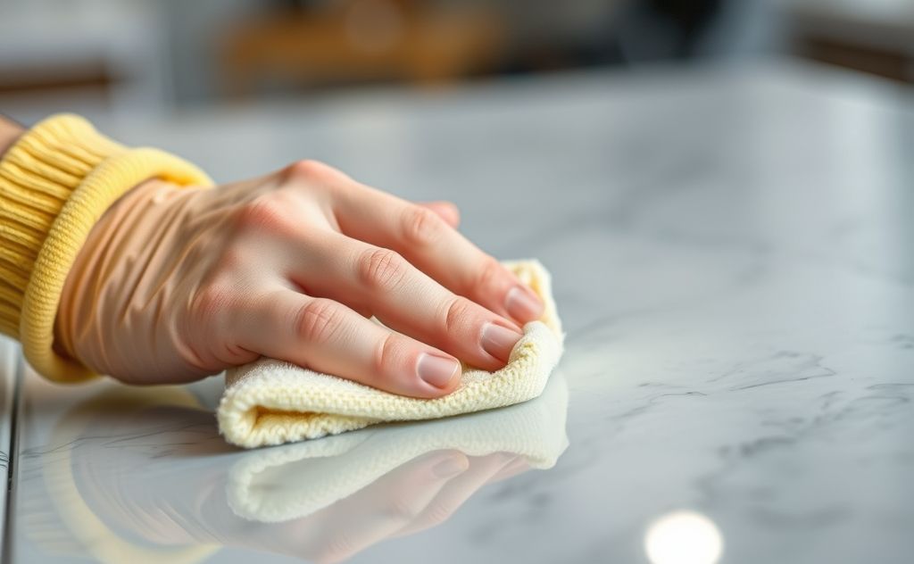 A close-up of a person cleaning a high-touch surface with a cloth.