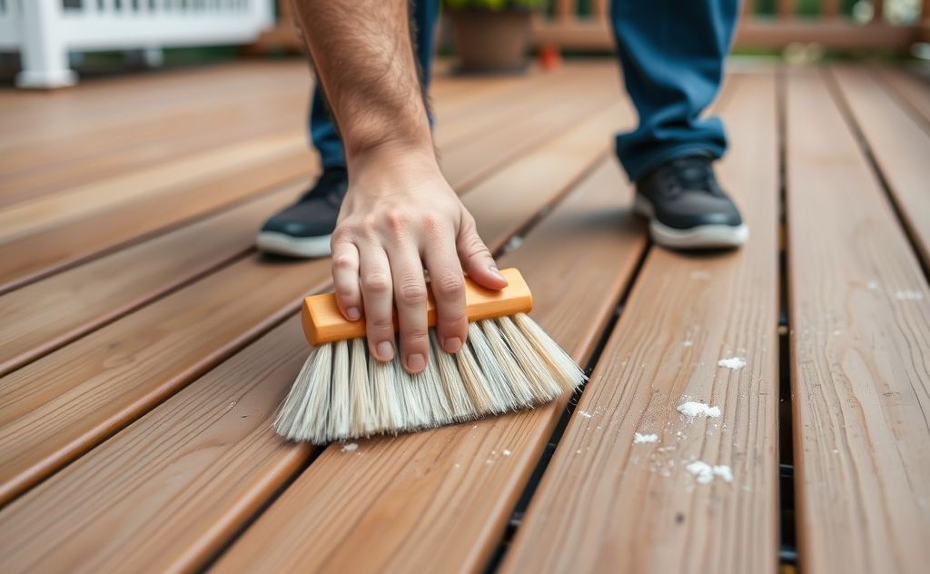 A close-up of a person cleaning composite decking with a brush.