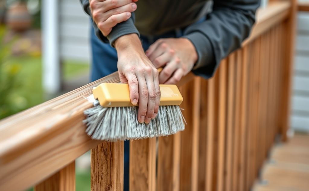 A close-up of a person cleaning wooden deck railings with a brush.