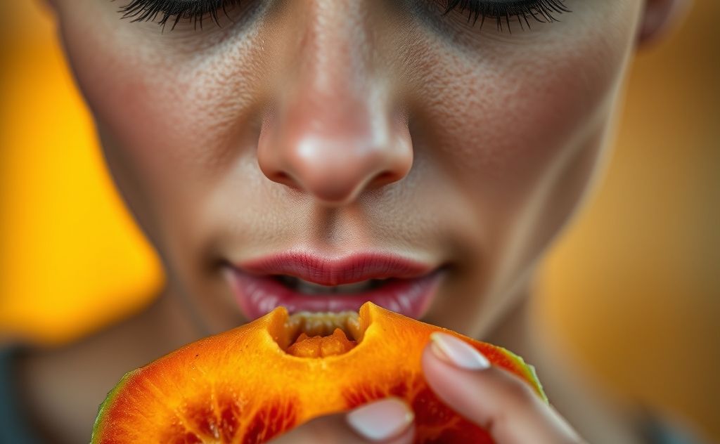 A close-up of a person thoughtfully chewing a colorful piece of fruit.