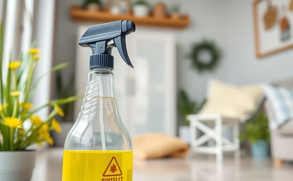A close-up of a pest control spray bottle beside a clean home environment.