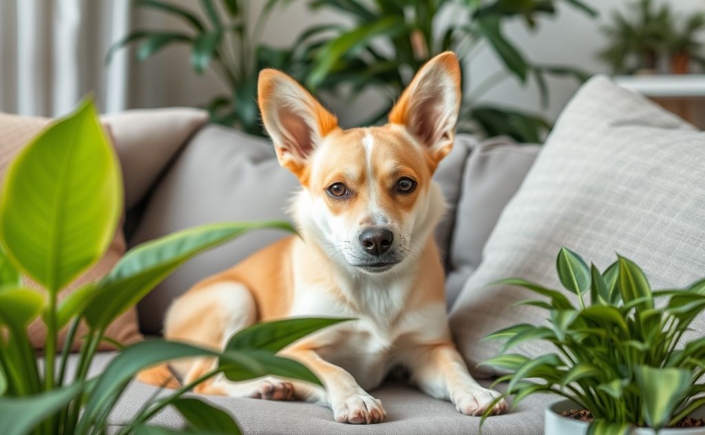 A close-up of a pet sitting on a couch surrounded by allergy-friendly plants.