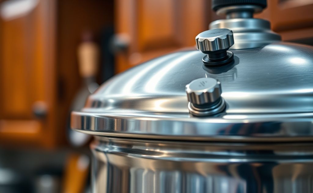 A close-up of a pressure cooker with visible seals and valves.