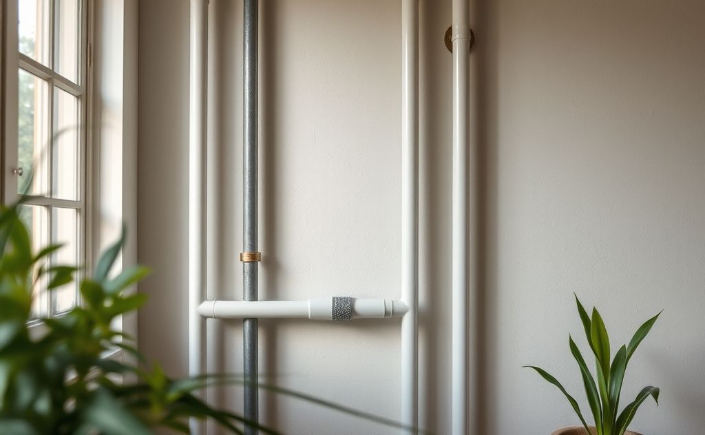 A close-up of a quiet, serene home environment with pipes.