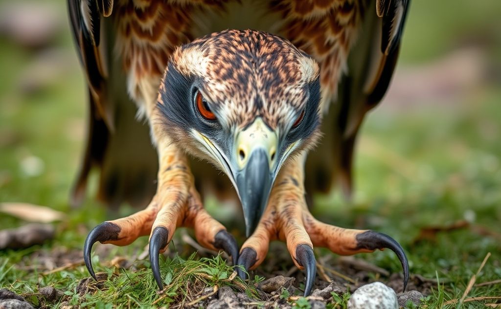 A close-up of a raptor's talons and sharp eyes in natural habitat.