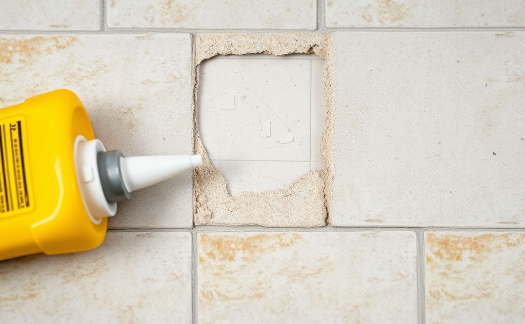 A close-up of a repaired tile corner with adhesive and tools nearby.