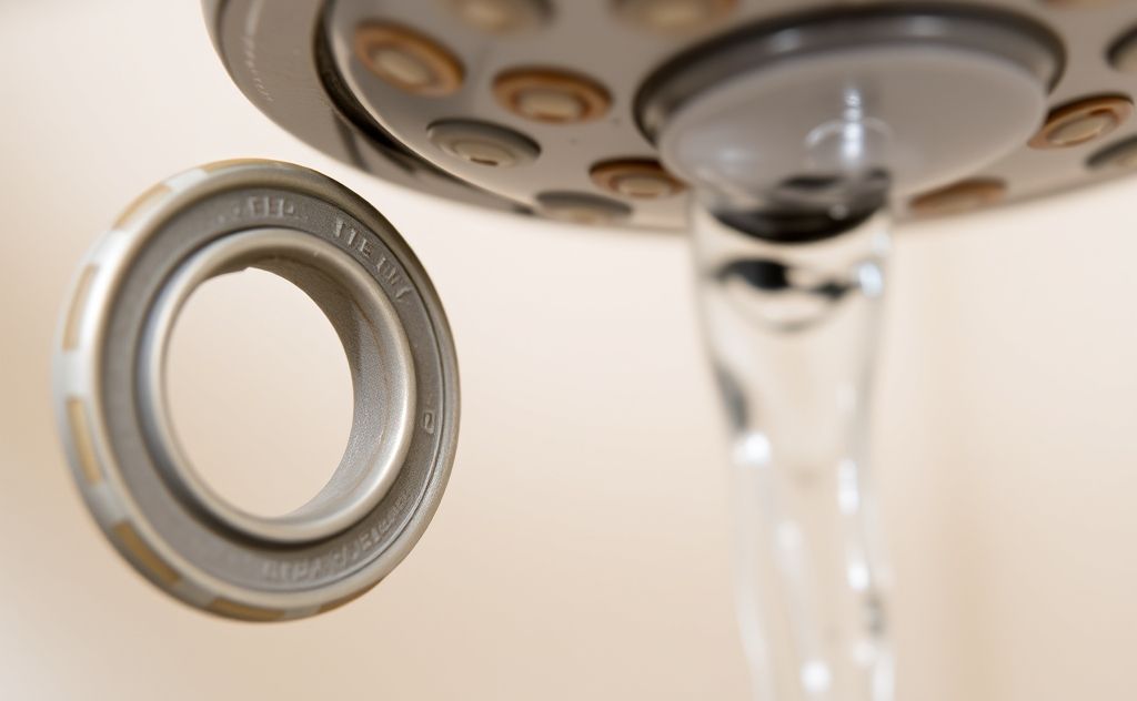 A close-up of a rubber washer and O-ring next to a leaking showerhead.