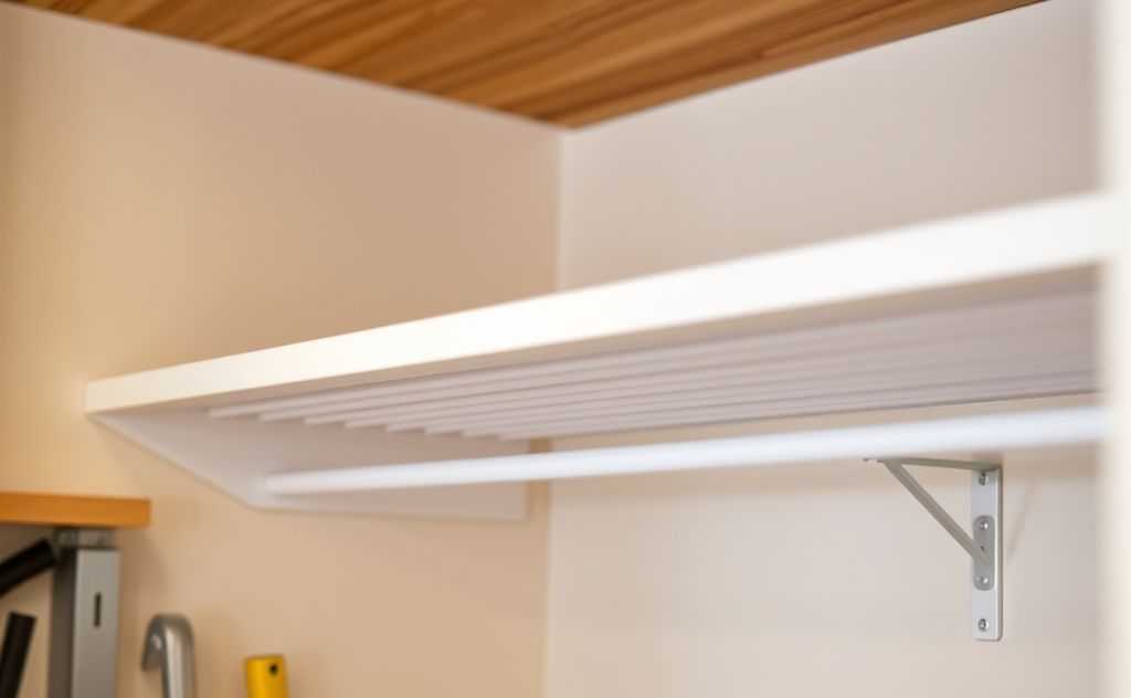 A close-up of a sagging closet shelf with tools and brackets nearby.
