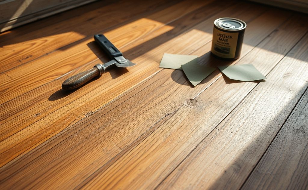 A close-up of a scratched wooden floor with repair tools nearby.